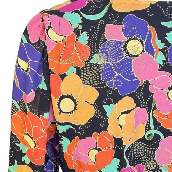 Rixo Black Silk Golden Floral Ruched Mini Dress | Size 6 - Picture 4 of 12